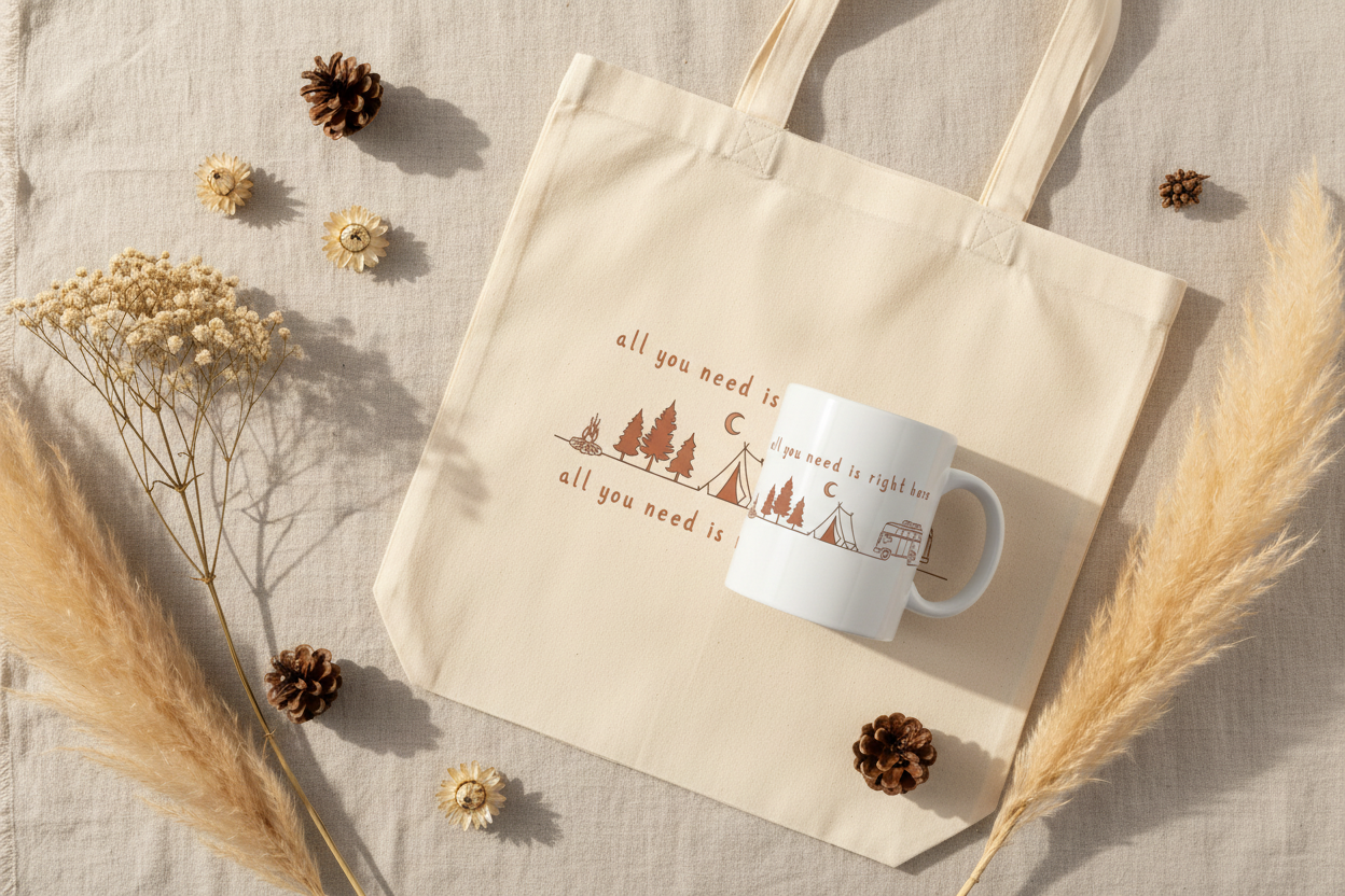 All You Need Is Right Here ceramic camping mug 11oz 15oz van life design by Pause Caravan Collective