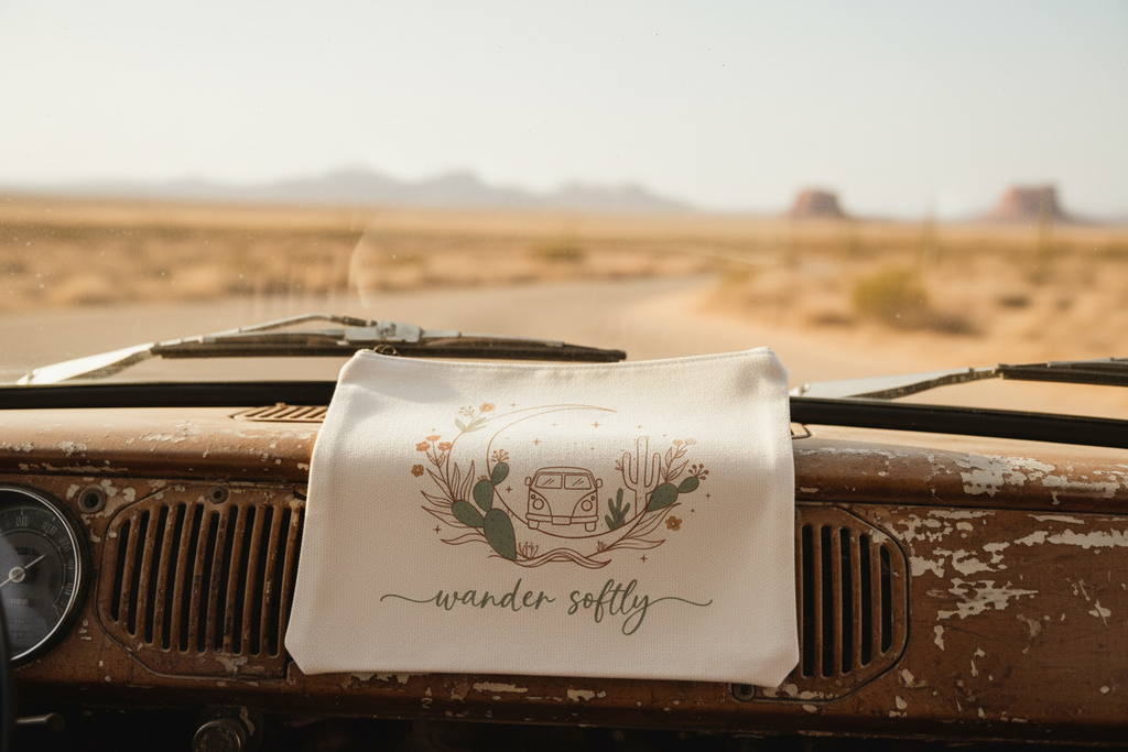 Wander Softly boho canvas zipper pouch with Amazigh design by Pause Caravan Collective