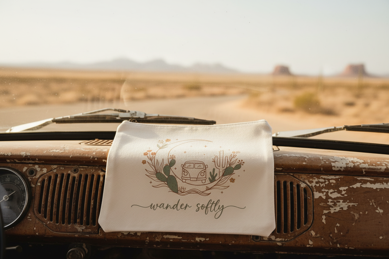 Wander Softly boho canvas zipper pouch with Amazigh design by Pause Caravan Collective