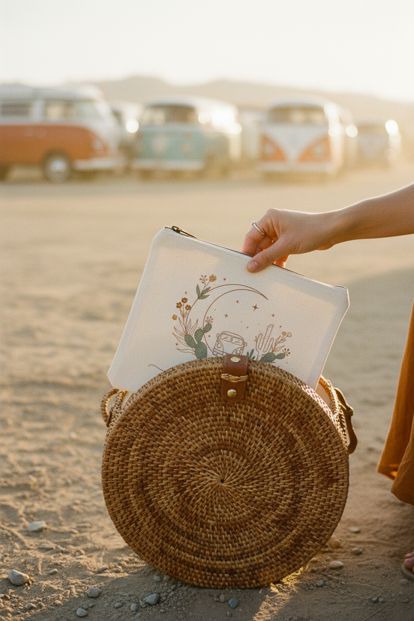 Wander Softly boho canvas zipper pouch with Amazigh design by Pause Caravan Collective