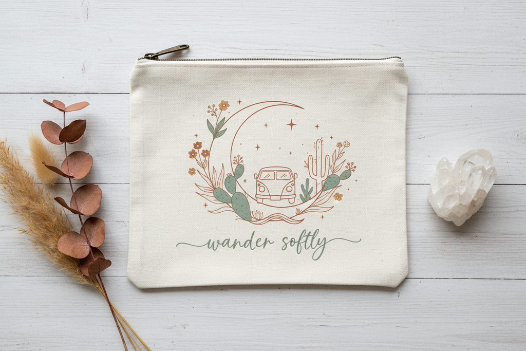 Wander Softly boho canvas zipper pouch with Amazigh design by Pause Caravan Collective
