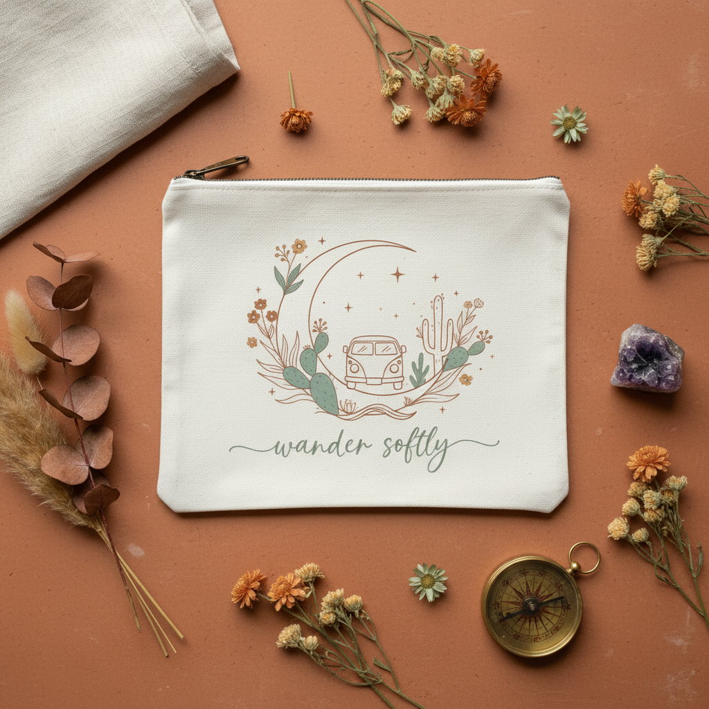 Wander Softly boho canvas zipper pouch with Amazigh design by Pause Caravan Collective