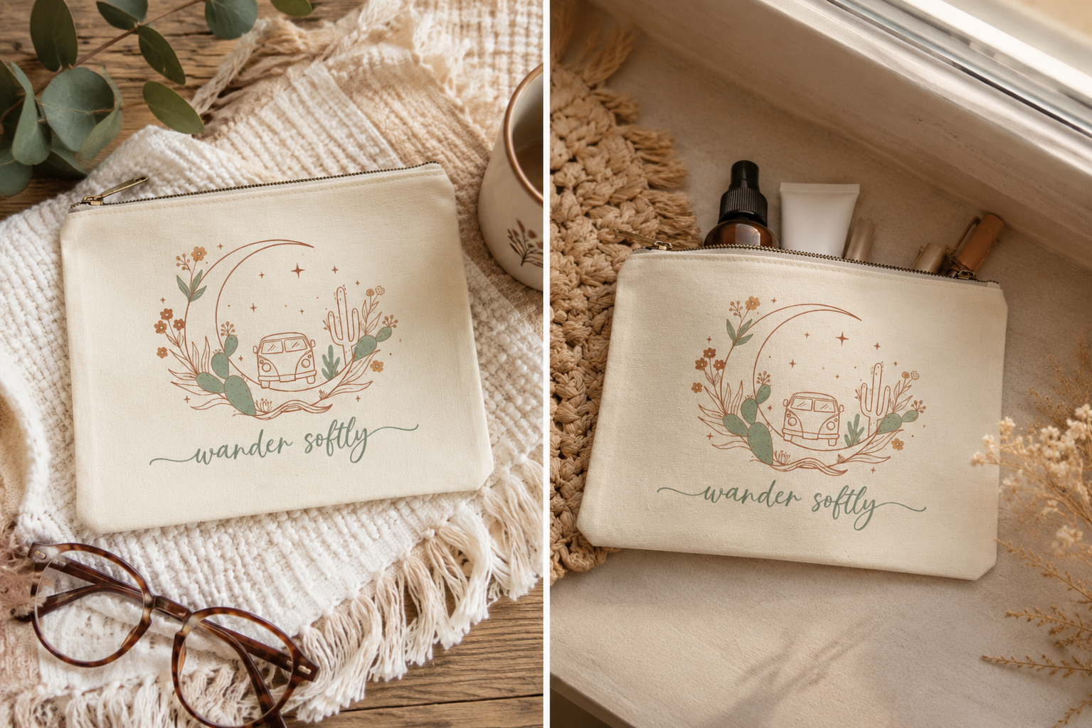 Wander Softly boho canvas zipper pouch with Amazigh design by Pause Caravan Collective