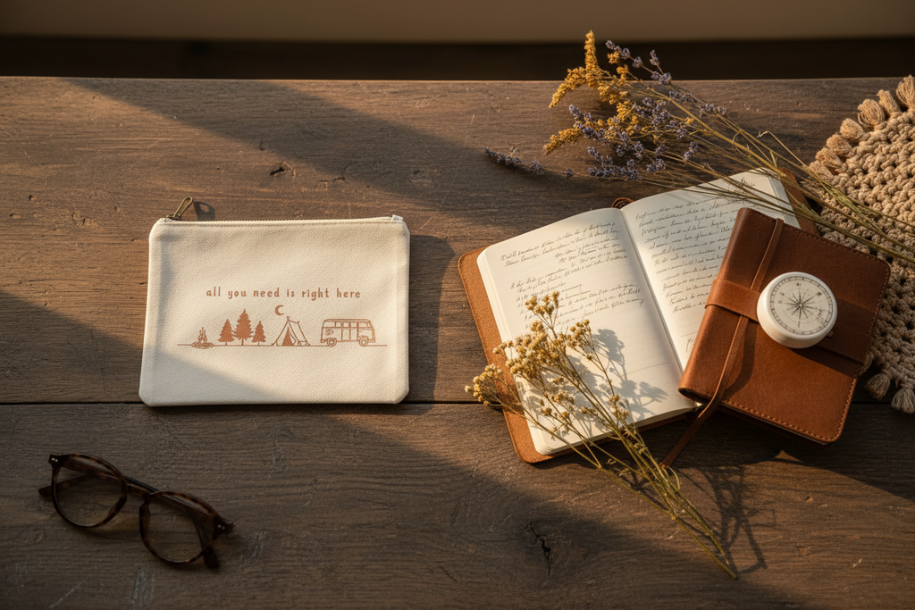 All You Need Is Right Here boho canvas zipper pouch by Pause Caravan Collective