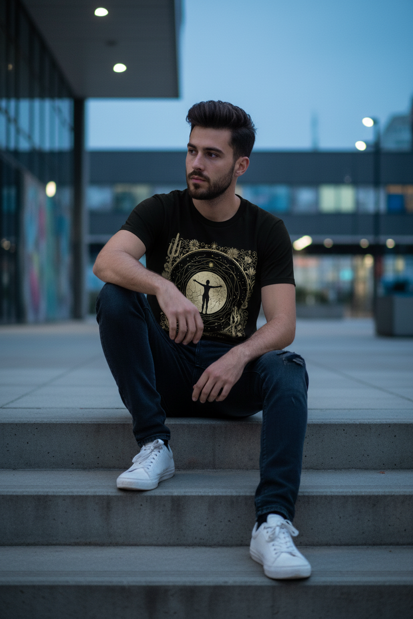 Celestial Medicine Tee — Washed Black Graphic Tee with Moon & Botanical Designed by pause caravan collective 