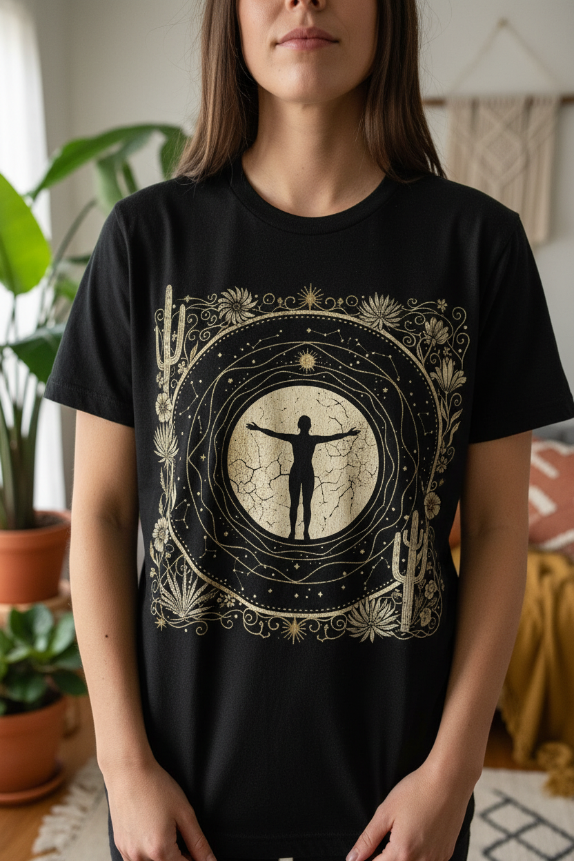 Person wearing a black t-shirt with a central design of a person with outstretched arms, surrounded by decorative elements. Celestial Medicine Tee — Washed Black Graphic Tee with Moon & Botanical Designed by pause caravan collective 