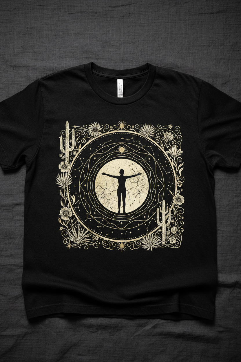 Celestial Medicine Tee — Washed Black Graphic Tee with Moon & Botanical Designed by pause caravan collective 