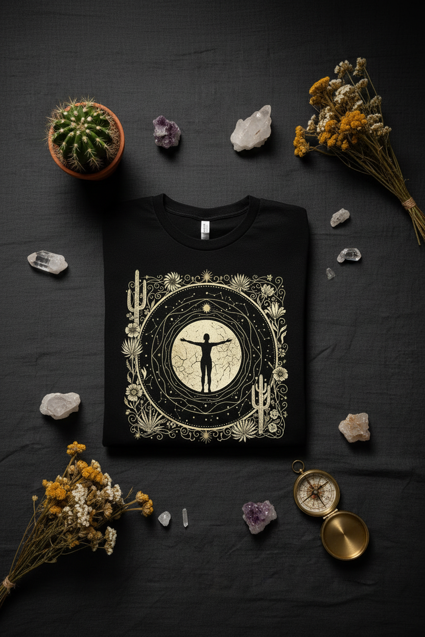 Celestial Medicine Tee — Washed Black Graphic Tee with Moon & Botanical Designed by pause caravan collective 
