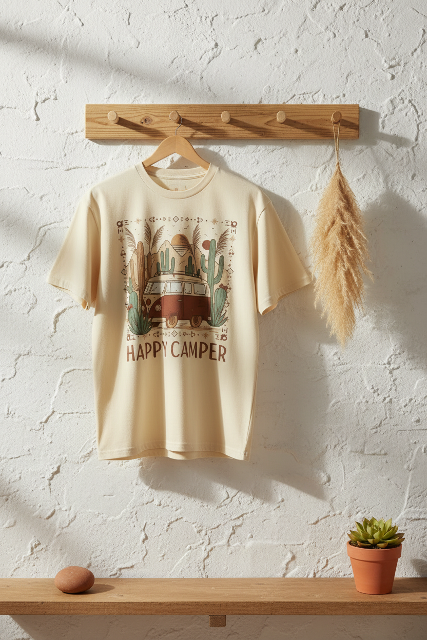 Happy camper van luxury graphic tee with boho van life design by Pause Caravan Collective