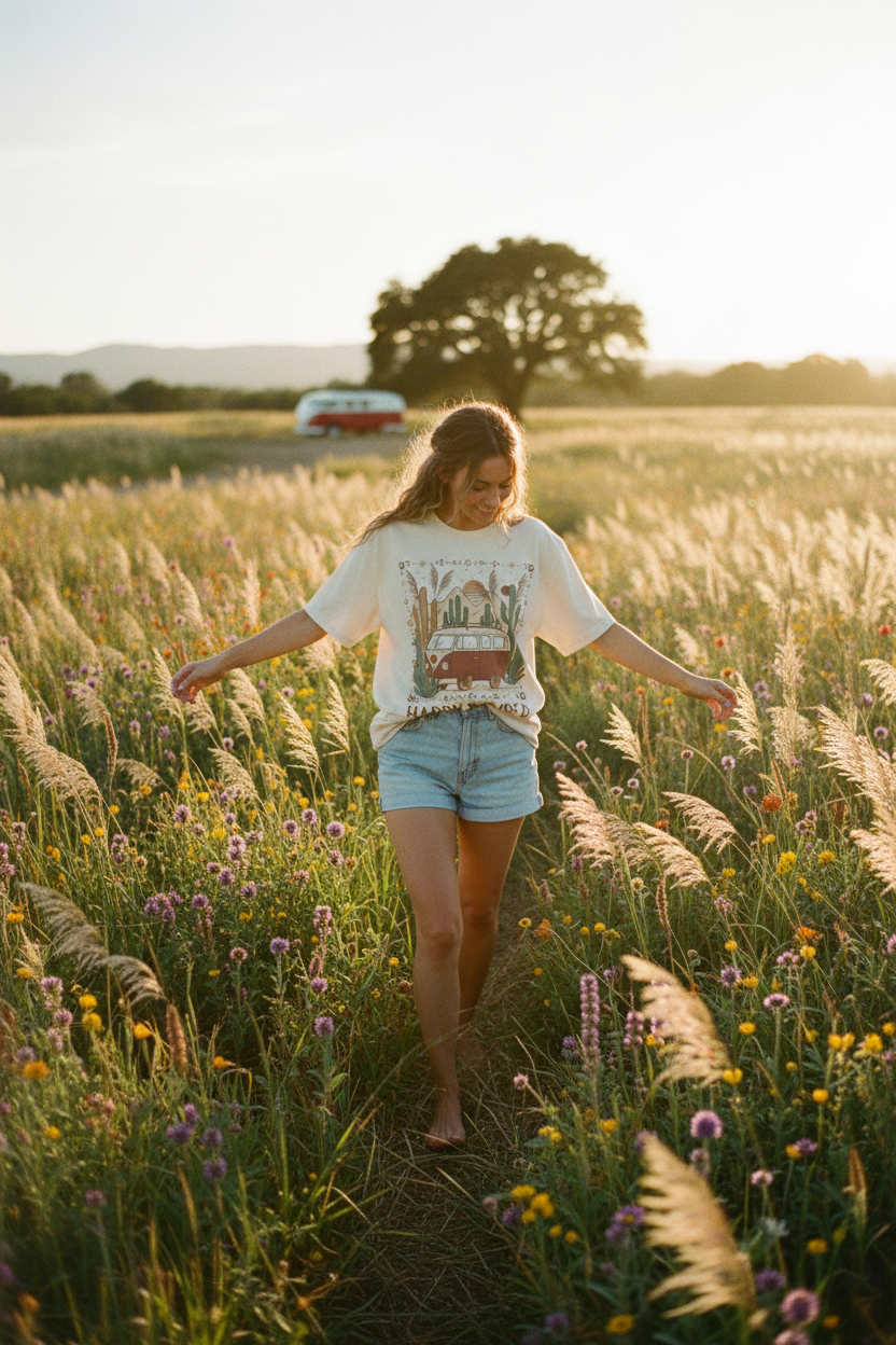 Happy camper van luxury graphic tee with boho van life design by Pause Caravan Collective