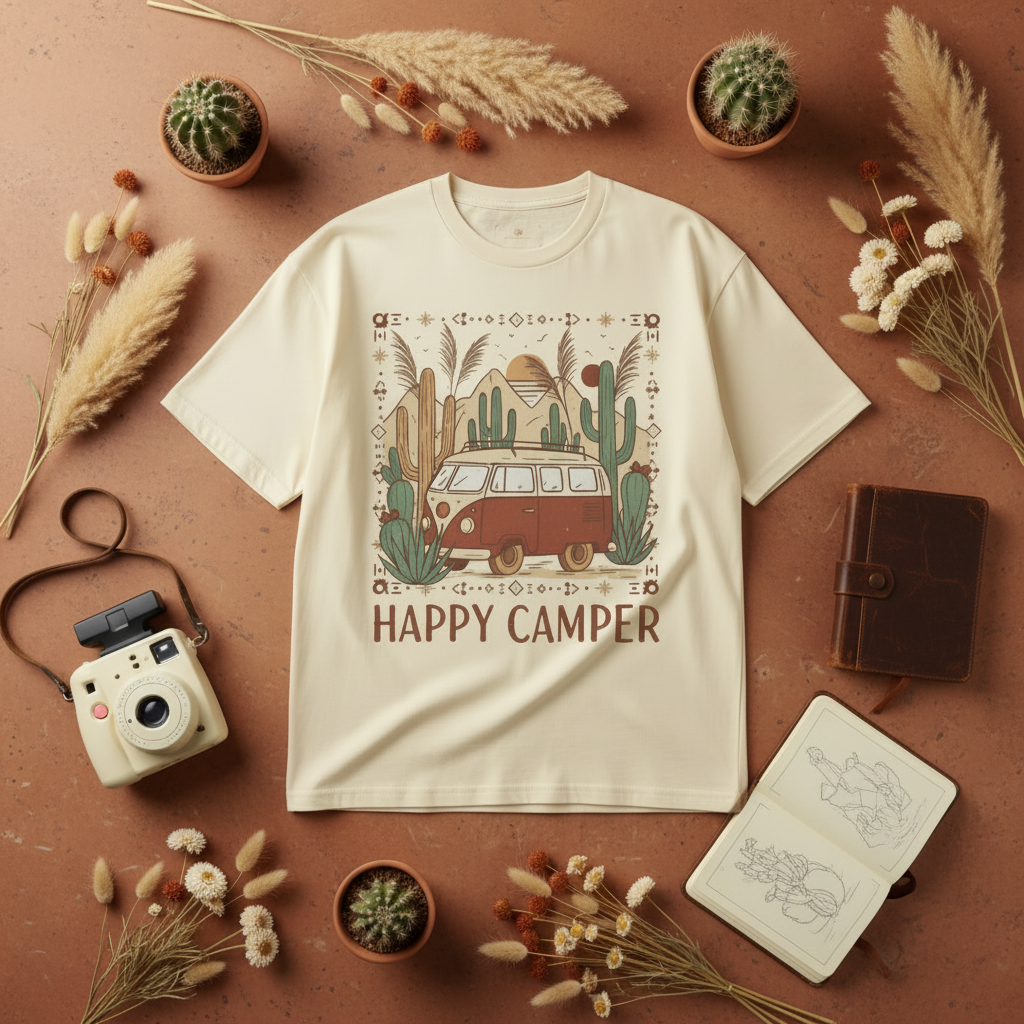Happy camper van luxury graphic tee with boho van life design by Pause Caravan Collective