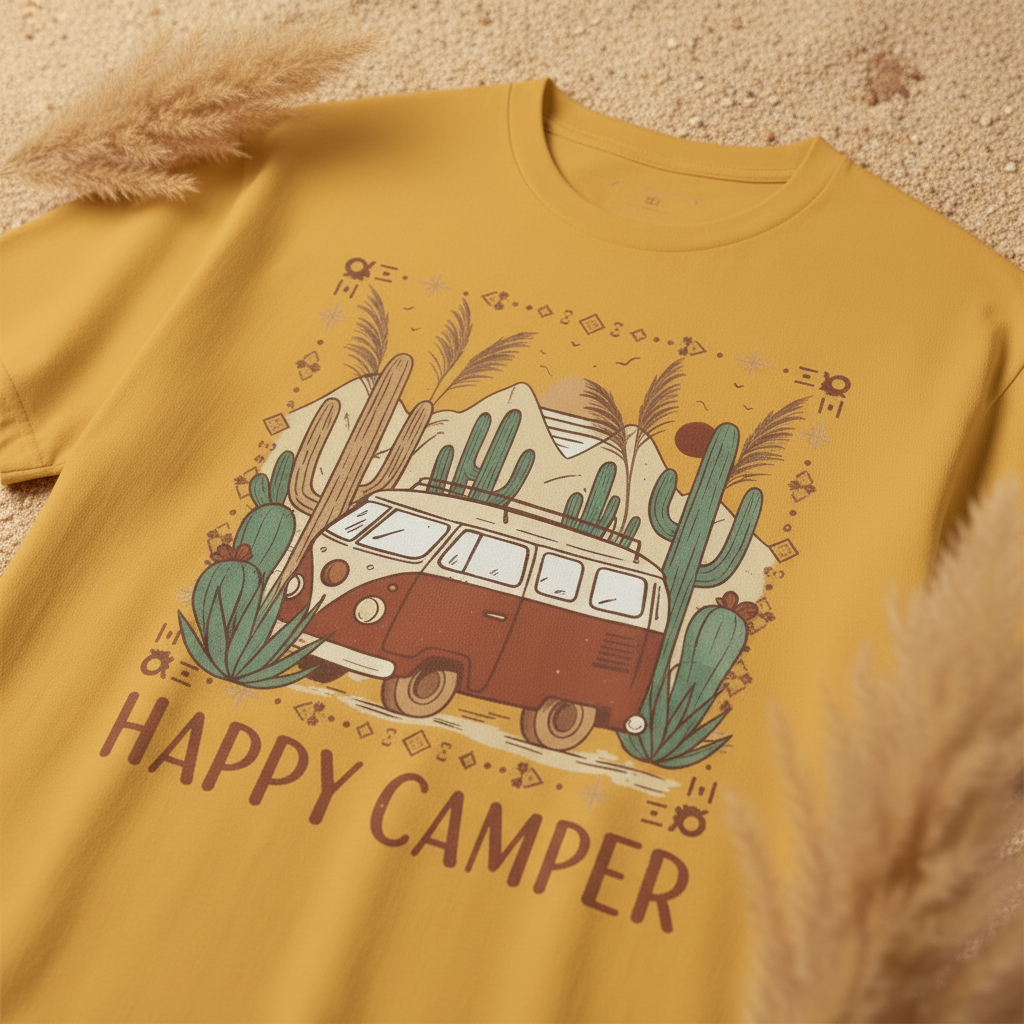 Happy camper van luxury graphic tee with boho van life design by Pause Caravan Collective