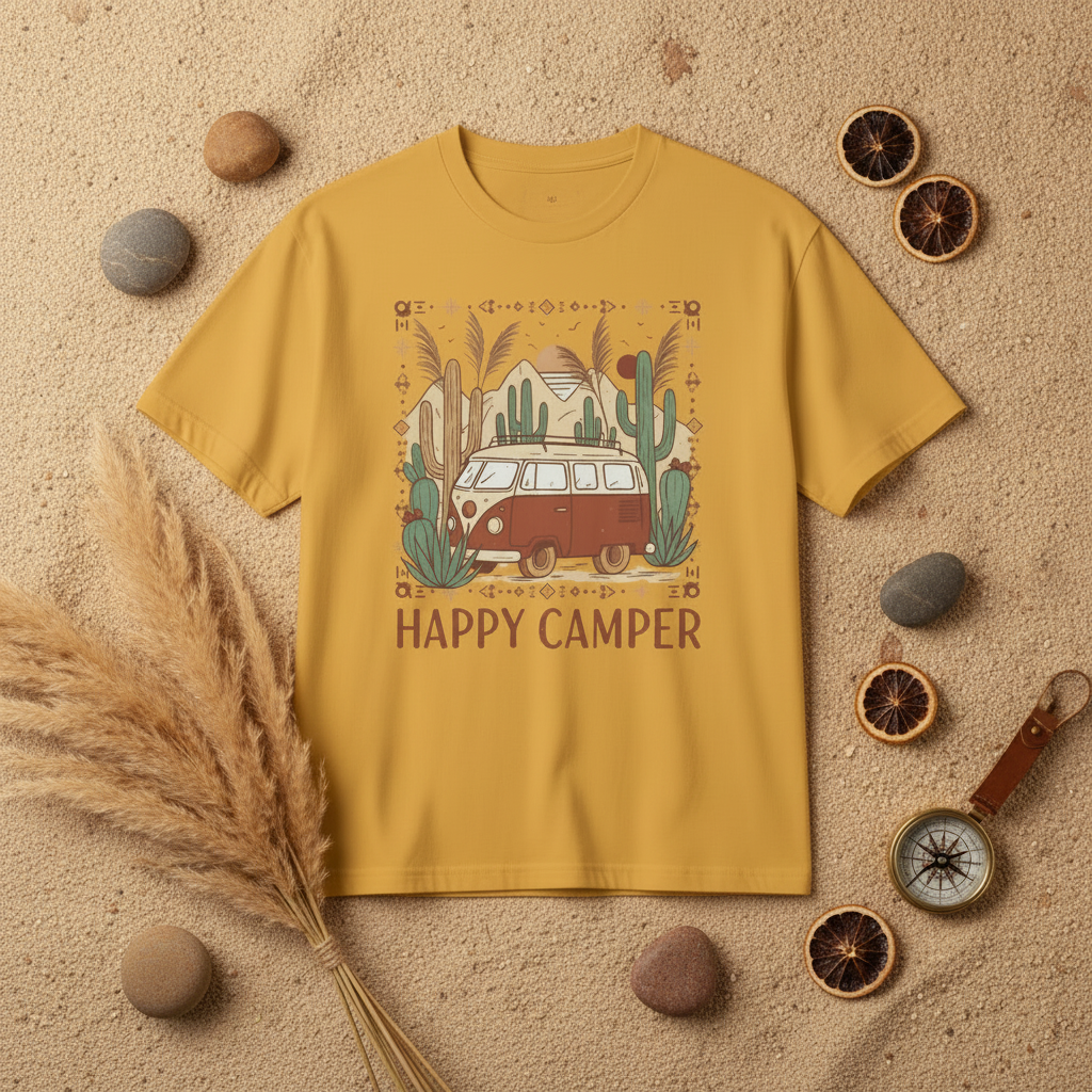 Happy camper van luxury graphic tee with boho van life design by Pause Caravan Collective