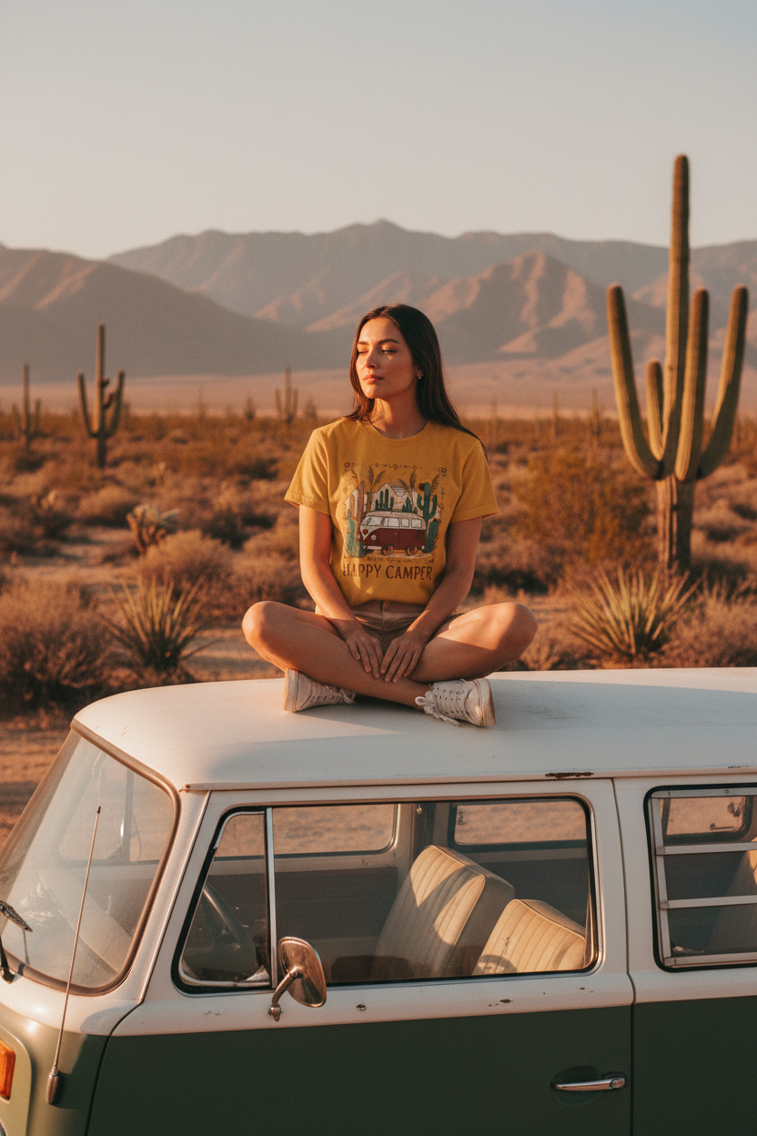 Happy camper van luxury graphic tee with boho van life design by Pause Caravan Collective